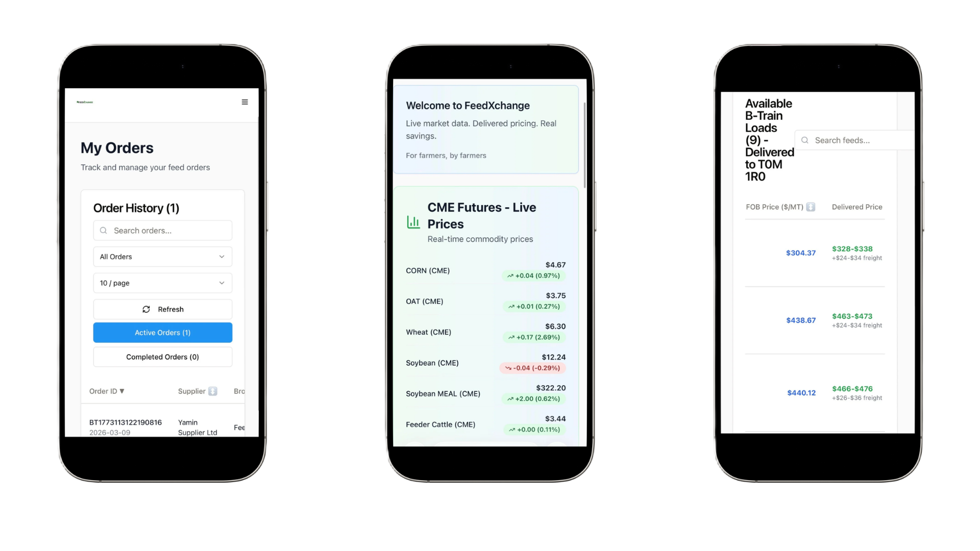 Three phones showing FeedXchange app interface